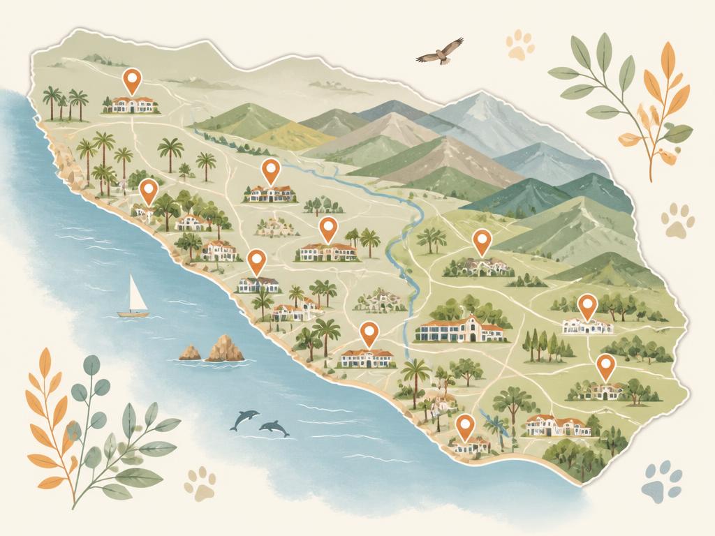 Map of the Ventura County, California pet care service area including Ventura, Oxnard, and Camarillo